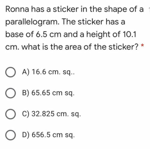 The sticker has a base of 6.5 cm and a height of 10.1 cm. What is the area of the sticker?