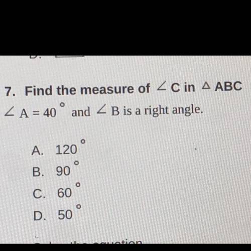 Find the measure of angle c in triangle abc if angle a=40 and angle b is a right triangle