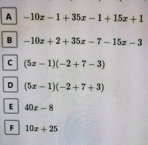What expressions that are equivalent to-2(5x – 1) + 7(5x – 1) – 3(-52 + 1)?