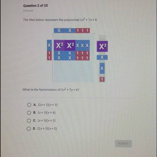 The tiles below represent the polynomial, what is the factorization of 2x2 + 7x + 6