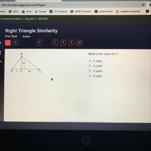 What is the value of x? O O O O 2 units 3 units 5 units 8 units A X D