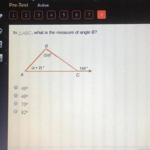 In AABC, what is the measure of angle B? 46° 48 70° 92