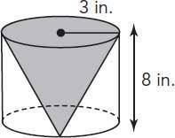 A cone sits inside a cylinder, as shown. They share the same height and radius. What is the volume o