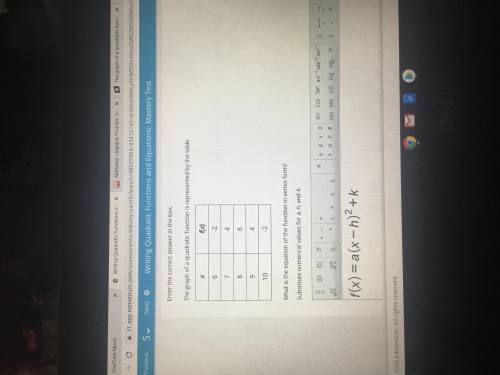 The graph of a quadratic function is represented by the table. x f(x) 6 -2 7 4 8 6 9 4 10 -2 What is