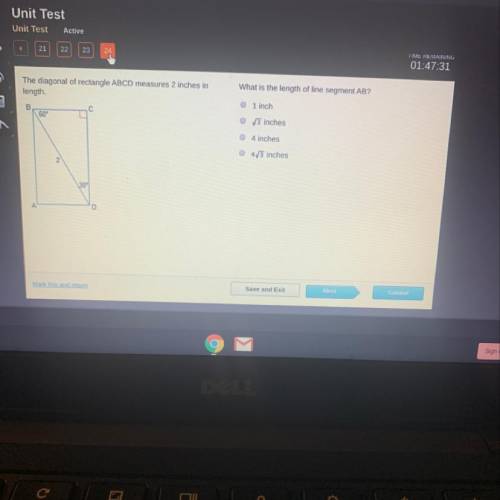 The diagonal of rectangle ABCD measures 2 inches in length What is the length of line segment AB? CO