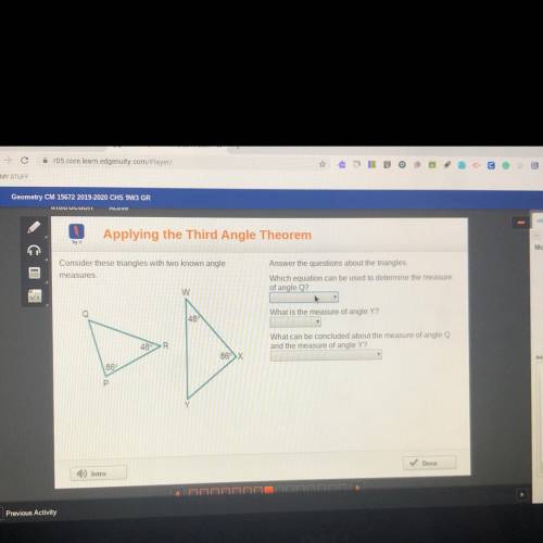 Which equation can be used to determine the measure of angle Q? A. 48+86+Q=180 B. Q=48+86 C. 48+86=1