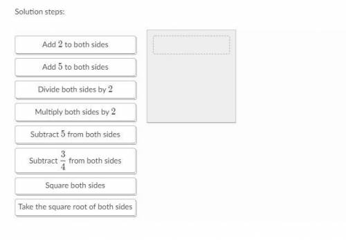 Create a list of steps, in order, that will solve the following equation. 2(x+3/4)^2-5=123