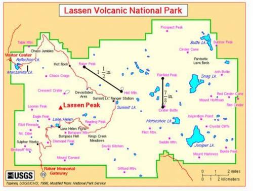 Nicole measured some distances on a map of Lassen Volcanic National Park. The scale on the map is 34