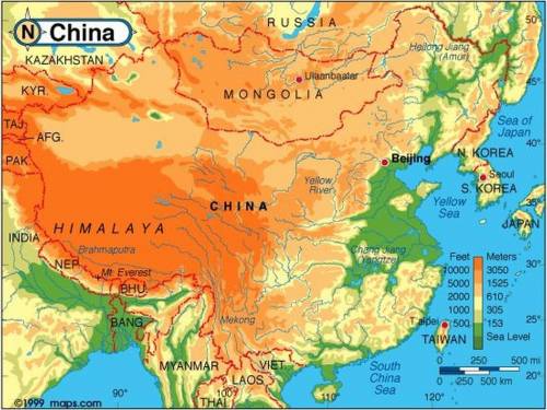 Predict, looking at the physical map of China, where do you think most people live? A. In the mounta