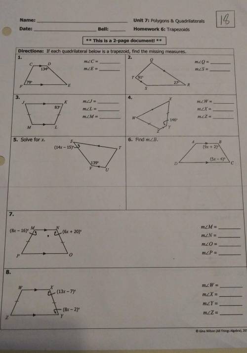 Unit 7: Polygons & QuadilateralsHomework 6: Trapezoids. Answers and explanation please.