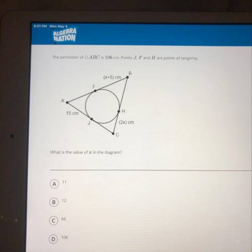 The perimeter of triangle ABC is 106cm. Points J, F, and H are points of tangency. What is the value