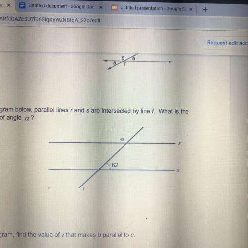 5. In the diagram below, parallel lines rand s are intersected by line t. What is the measure of ang