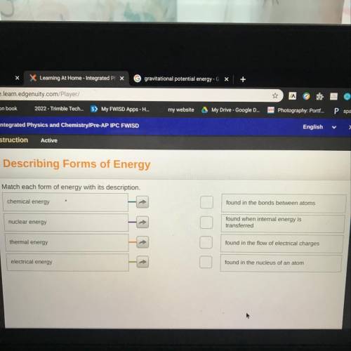 Match each form of energy with its description. chemical energy found in the bonds between atoms nuc