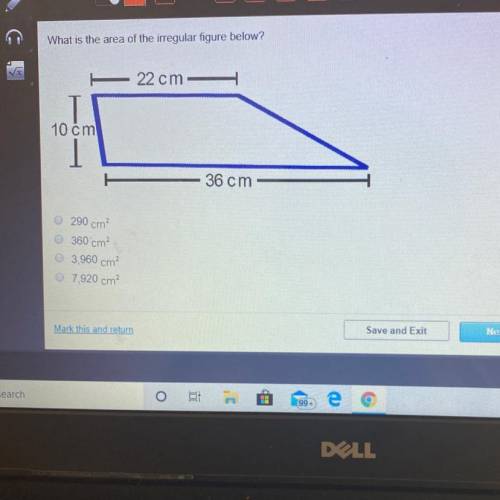 What is the area of the irregular figure below? 22 cm- 10 cm - 36 cm O 290 cm? 360 cm? 3,960 cm 7,92