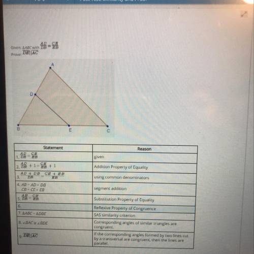 What is the missing proof?  A. ABC = DBE  B. BCA = BDE  C. ACB = DEB D. BDE = ADE  E. CAB = DAC