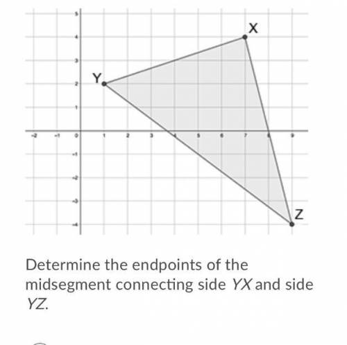 Determine the endpoints of the midsegment connecting side YX and side YZ. Question 1 options: A)  (4