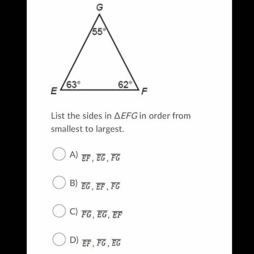 List the sides in ΔEFG in order from smallest to largest. Picture includes possible solutions