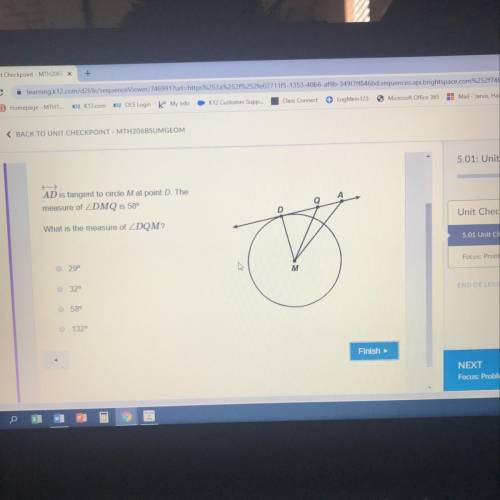 AD is tangent to circle M at point D. The measure of ZDMQ is 58° What is the measure of ZDQM? 29° M