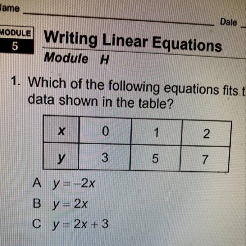 Which of the following equations fits the data shown in the table? A y=-2x B y = 2x C y = 2x + 3