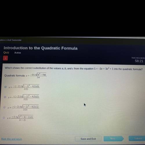 Which shows the correct substitution of the values A, B, and C from the equation 1=-2x+3x^2+1 into t