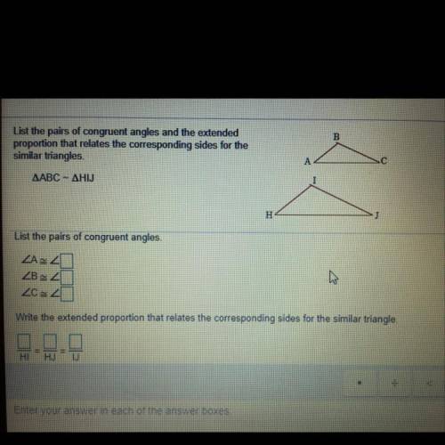 List the pairs of congruent angles and the extended proportion that relates the corresponding sides