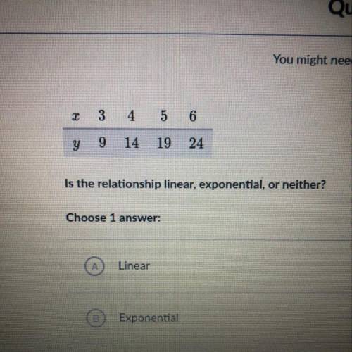 (3,9) (4,14) (5,19) (6,24) is the relationship linear exponential or neither