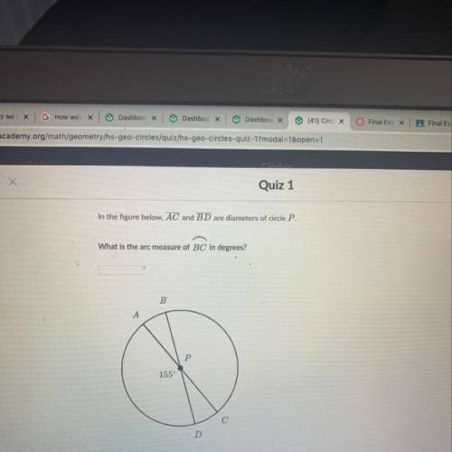 In the figure below, AC and BD are diameters of circle P. What is the arc measure of BC in degrees?