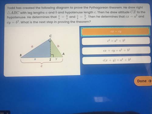 PLEASE HELP 15 points!! Todd has created the following diagram to prove the Pythagorean theorem. He