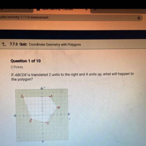 If ABCDE is translated 2 units to the right and 4 units up, what will happen to the polygon?