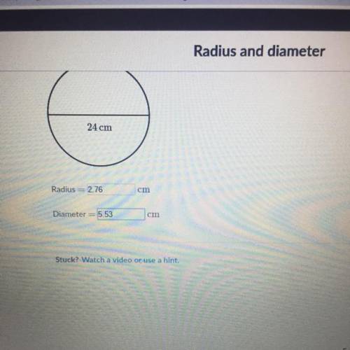What is the radius and diameter of the following circle? 24 cm