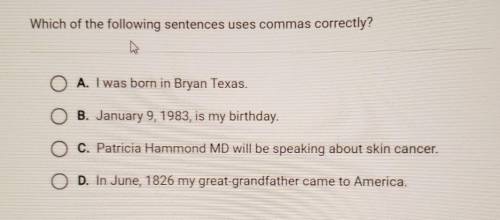 Which of the following sentences uses commas correctly? A. I was born in Bryan Texas. B. January 9,