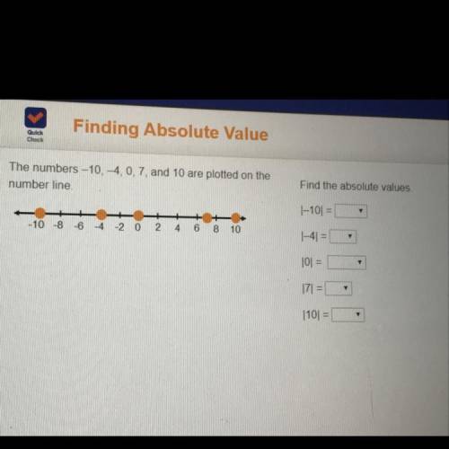 The numbers -10,-4, 0, 7, and 10 are plotted on the number line. Find the absolute values. |-100= -1