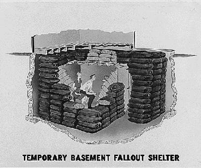 ANSWER NOW OR ELSE. Study the image from 1957. A cross-sectional drawing of a temporary basement fal