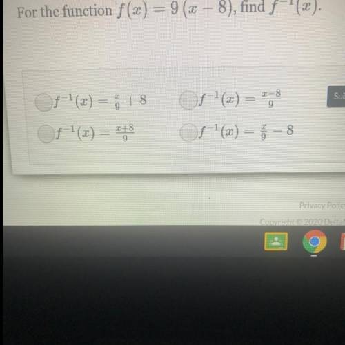 Multi-step Function Inverses (Level 1) For the function f(x)=9 (x-8), find f^-1 (x)