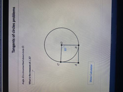 Angle A is circumscribed about circle O. What is the measure of A.