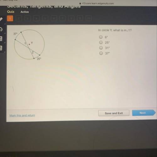 In circle Y, what is m 1? 37° 6° 25° ОООО 31° 37° 25°