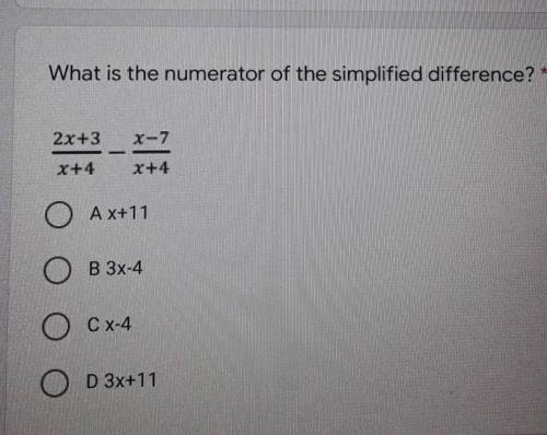 What is the numerator of the simplified difference? 2x+3/x+4 - x-7/x+4