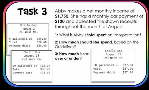 1. What is Abby's total spent on transportation? 2. How much should she spend on transportation, ba