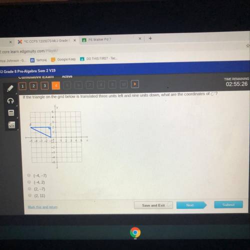 If the triangle on the grid below is translated three units leit and nine units down, what are the