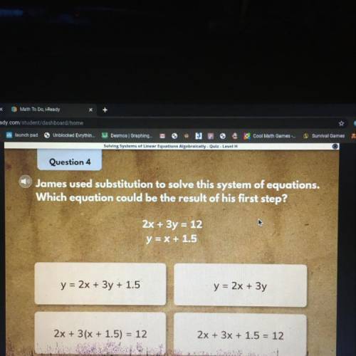 Which equation equals the first step of substitution in this system of equations?