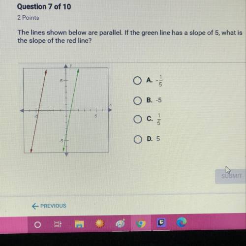 The lines shown below are parallel. If the green line has a slope of 5, what is the slope of the re