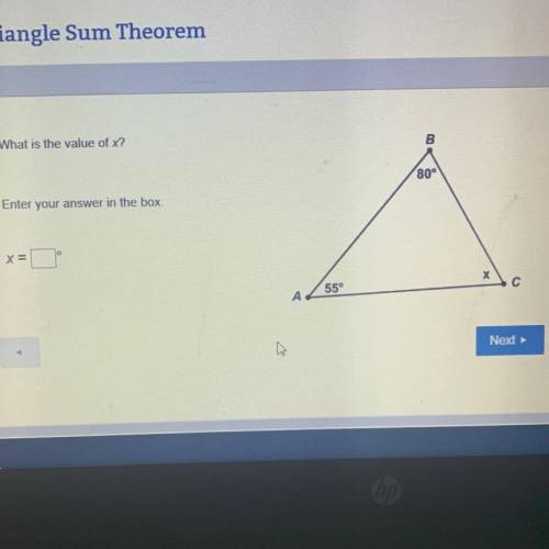 What is the value of x? B 80° Enter your answer in the box. x= Х А 55° с