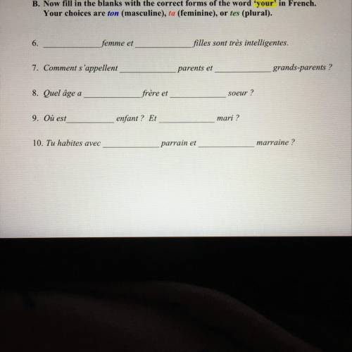 B. Now fill in the blanks with the correct forms of the word 'your' in French. Your choices are ton