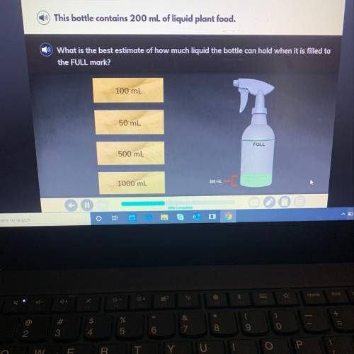 This bottle contains 200 mL of liquid plant food. What is the best estimate of how much liquid the