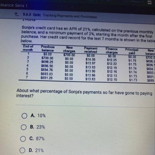 Sonja's credit card has an APR of 21%, calculated on the previous monthly

balance, and a minimum