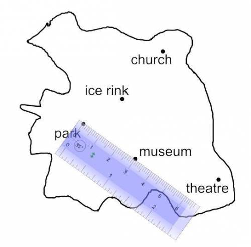 Here is a map of a town.

The map shows a centimetre ruler.
1 cm represents 4 km.
What is the real