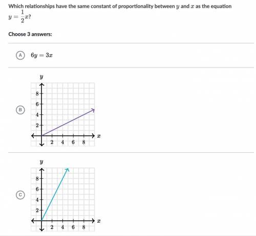 Which relationships have the same constant of proportionality between

y
yy and 
x
xx as the equat