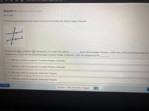 Fill in the missing Statement and reason in the proof of the alternate exterior angles theorem