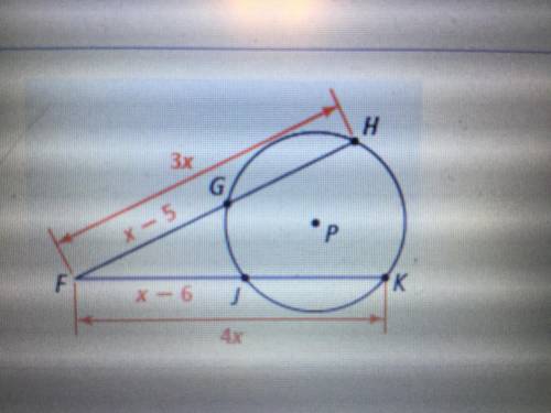 Given circle P and secants line FH and line FK, what is FG?