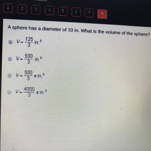 A sphere has a diameter of 10 in.what is the volume of the sphere?